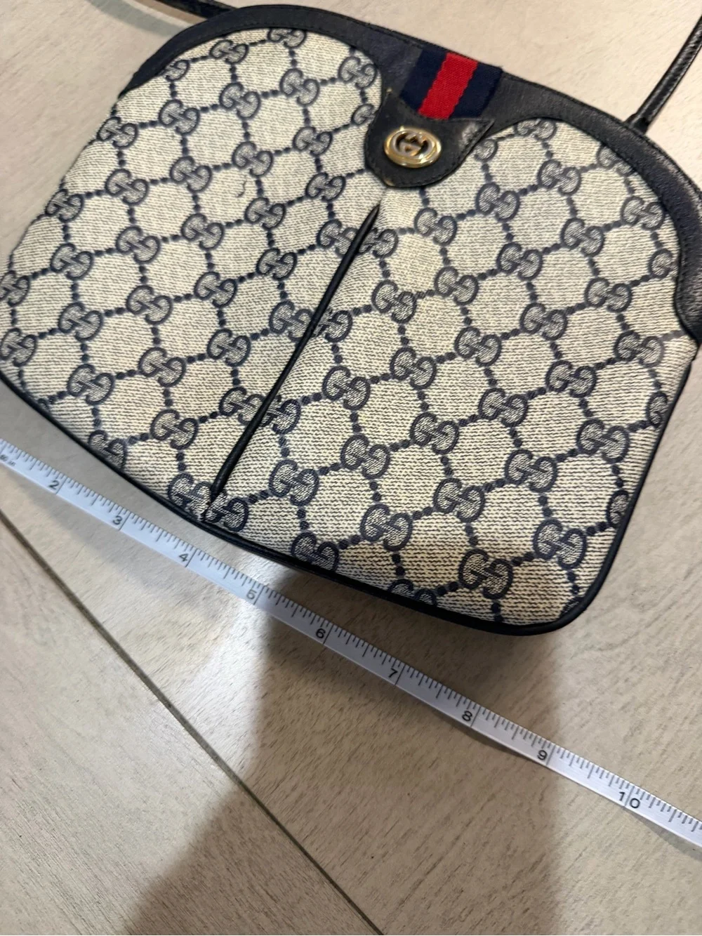 Gucci Beige Navy Monogram Crossbody with Red Web Stripe